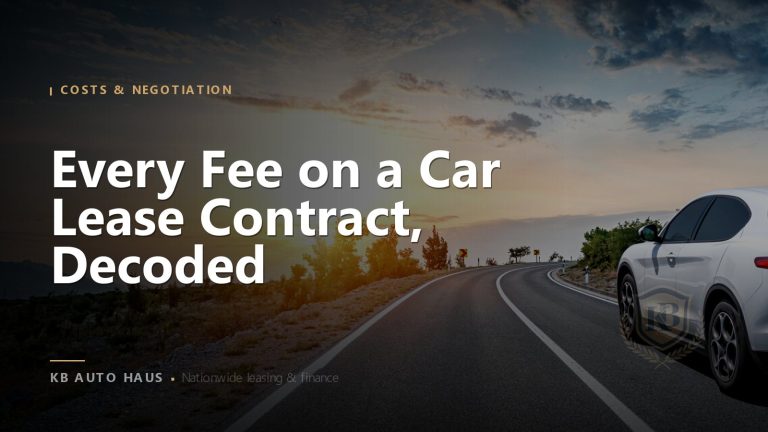 White SUV on a sunset highway with the headline “Every Fee on a Car Lease Contract, Decoded”