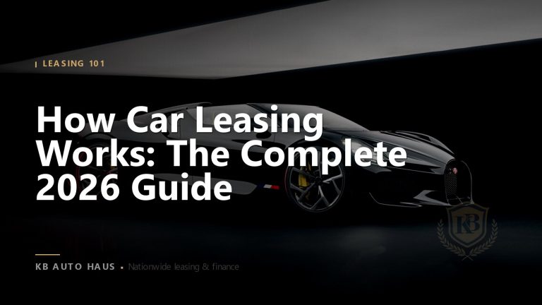 Black luxury sports car in a dark studio with the headline “How Car Leasing Works: The Complete 2026 Guide”