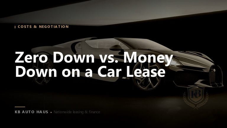 Black Bugatti in a dark studio with the headline “Zero Down vs. Money Down on a Car Lease”